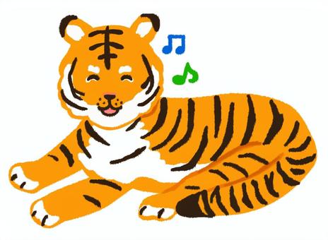 少し横になってご機嫌そうにこちらを見る虎 虎,寅,顔,動物,動物園,アイコン,表情,楽しい,ご機嫌,嬉しいのイラスト素材