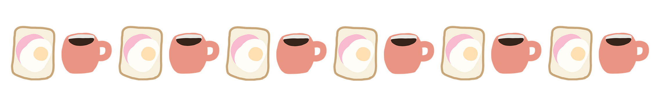 ハムエッグトーストとコーヒーのライン素材 朝食,モーニング,トースト,ハムエッグ,食パン,パン,コーヒー,マグカップ,ライン,飾り罫のイラスト素材