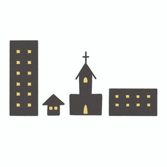 ナチュラル　手描き　街並み　ブラック 街並み,建物,手描き,ナチュラル,シンプル,ビル,教会,家,住宅,施設のイラスト素材