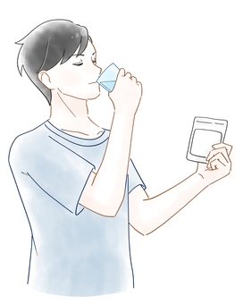 サプリを飲む男性の水彩風イラスト