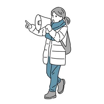 メガホンを使って指示を出す女の子 女の子,子ども,メガホン,冬服,メガフォン,冬,指示,全身,小学生,中学生のイラスト素材