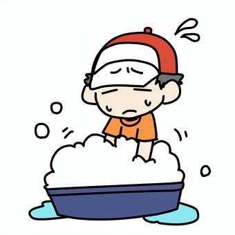 焦ってたらいを泡立てる少年 小学生,たらい,焦る,泡立てる,バケツ,洗濯,手洗い,もこもこ,シャンプー,清潔のイラスト素材