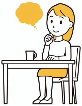  ロングヘア女性(黄)-036-全身 考える,女性,女の子,人物,かわいい,想像,イメージ,理想,座る,机のイラスト素材