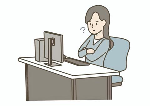  オフィスカジュアルの女性が疑問を感じる オフィスカジュアル,女性,ビジネスウーマン,会社員,デスクワーク,オフィス,職場,パソコン,考える,疑問のイラスト素材