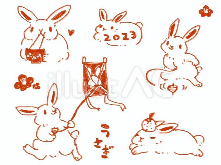 正月のうさぎさん 年賀状,うさぎ,手書きのイラスト素材