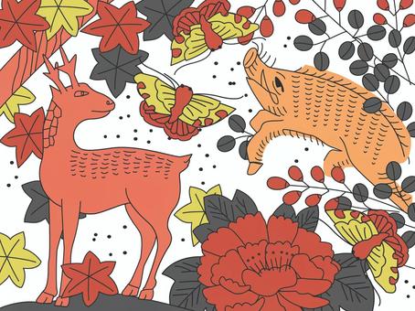 花札_猪鹿蝶 花札,猪鹿蝶,蝶,和風,赤萩,紅葉,鹿,猪,牡丹,役のイラスト素材