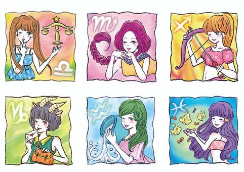 １２星座ガールズ：後半 星座,人物セット,星占い,天秤座,蠍座,射手座,山羊座,水瓶座,魚座,ガールズのイラスト素材
