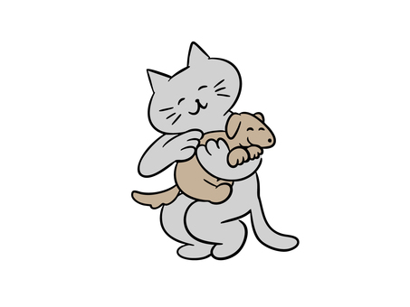 子犬を抱きしめる猫（カラー） 猫,子犬,動物,友達,友情,寄り添う,犬,抱っこ,ハグ,仲良しのイラスト素材