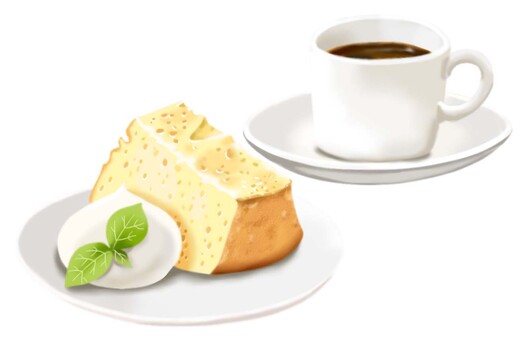シフォンケーキと白いカップのコーヒー ケーキ,シフォン,生クリーム,コーヒー,喫茶,カフェ,ふわふわ,おやつ,甘い,美味しいのイラスト素材