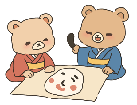福笑いで遊ぶ 福笑い,おかめ,ひょっとこ,遊び,ゲーム,正月,日本,行事,熊,動物のイラスト素材