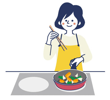 料理する女性 料理,調理,女性,フライパン,炒め物,笑顔,主婦,かわいい,シンプル,カラフルのイラスト素材
