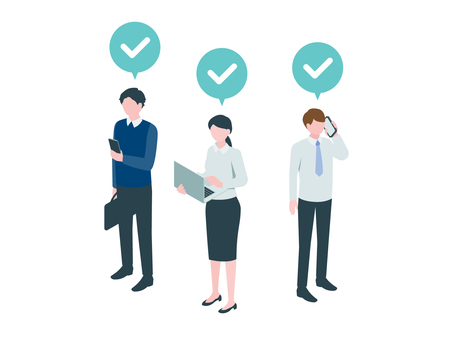 ビジネス人物とチェックマーク ビジネスマン,スマートフォン,操作,スーツ,チェック,アイコン,社内連絡,営業職,オフィスワーカー,立ちポーズのイラスト素材