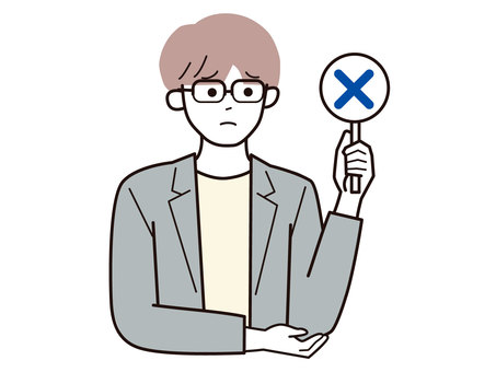 バツの札を持った働く男性A/カラー バツの札を持った働く男性A/カラー バツ,札,残念,男性,お父さん,会社員,アドバイザー,20代,30代,40代のイラスト素材