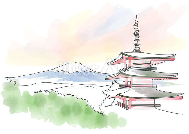 夕暮れの富士山と五重塔 一筆書きと水彩 富士山,日本,五重塔のイラスト素材