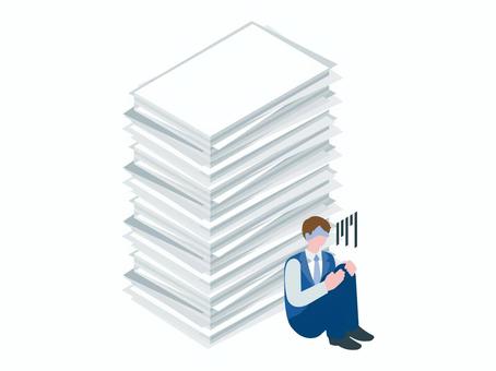 書類の山とがっかりする人物 アイソメトリック,立体,アイソメ,斜め上,ストレス,メンタルヘルス,うつ,鬱,精神,負担のイラスト素材