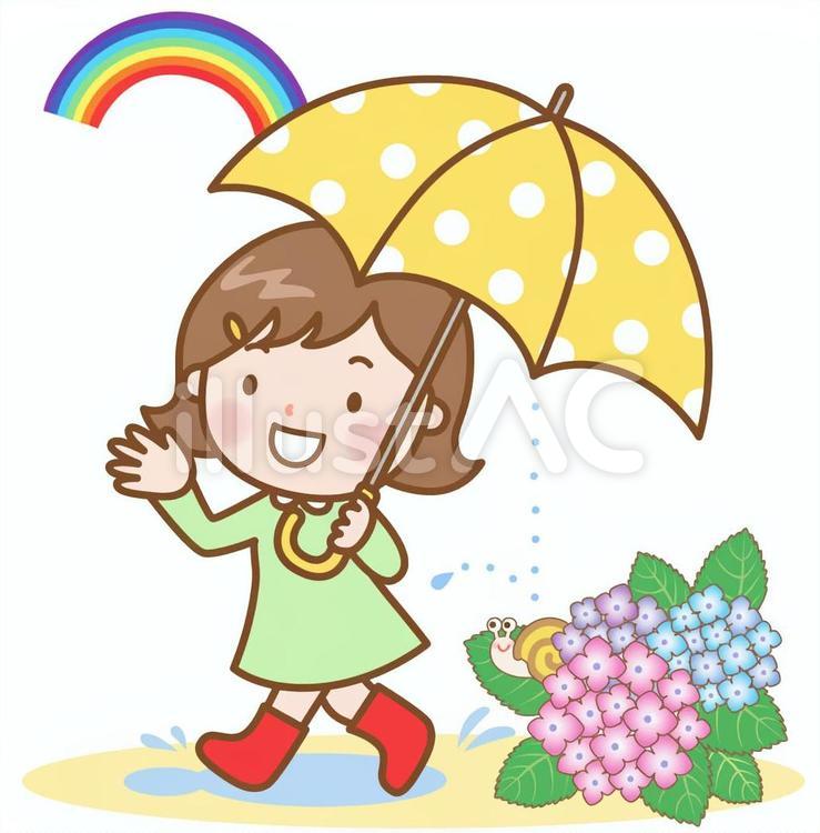 女の子：雨上がり＋あじさい 虹,でんでんむし,かたつむりのイラスト素材