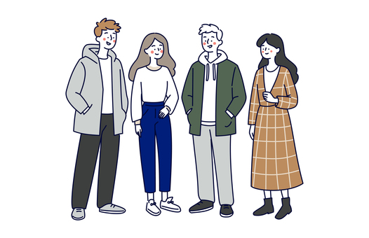 秋冬服の大学生グループのイラスト03 人物,男女,大学生,学生,若者,グループ,友達,青春,秋,冬のイラスト素材