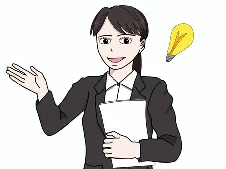 アイデアを説明するスーツ姿の女性 資料,スーツ,女性,アイデア,プレゼン,説明,ビジネスウーマン,ひらめき,電球,マーケティングのイラスト素材