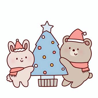 クリスマスツリーとうさくま クリスマス,ツリー,うさぎ,くま,動物,サンタ,帽子,マフラー,冬,線画のイラスト素材