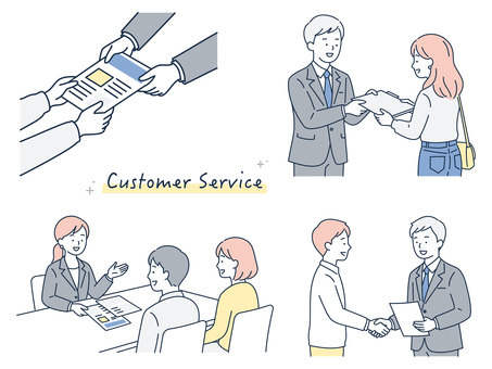 接客対応するビジネス男女の説明セット 人物,男性,女性,ビジネス,接客,説明,案内,商談,受け渡し,顧客のイラスト素材