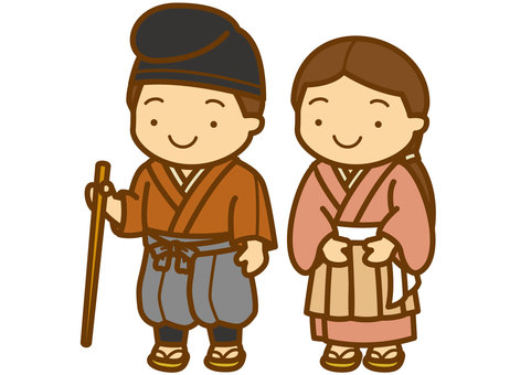 平安人庶民-4c 平安時代,庶民,服装,烏帽子,帽子,着物,小袖,袴,草履,杖のイラスト素材