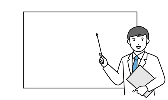 ホワイトボードの前で説明をする白衣の男性 ホワイトボード,説明,発表,白衣,男性,指示棒,指し棒,医療,講義のイラスト素材