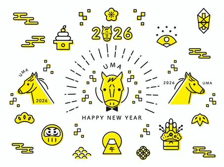 2026年午年の年賀状　線画のイラスト黄 午年,年賀状,2026,馬,線画,午,正月,門松,鏡餅,2026年のイラスト素材
