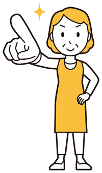  エプロンおばちゃん(黄)-088-全身 指差す,おばちゃん,エプロン,お母さん,ママ,中年,おばさん,主婦,人物,かわいいのイラスト素材