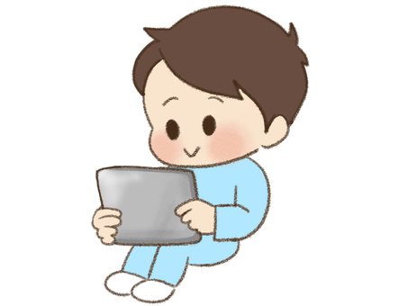 タブレットをみる男の子 視覚支援,お支度ボード,絵カード,スケジュール,子ども,動画,タブレット,視聴のイラスト素材