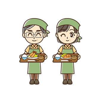 定食を運ぶ男女（中高年） エプロン,男女,男性,女性,店員,料理,三角巾,笑顔,ウインク,飲食店のイラスト素材