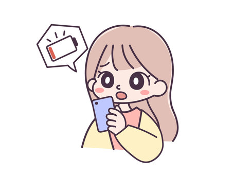 充電切れのスマホを持つ女の子のイラスト スマホ,スマートフォン,携帯電話,充電,電池切れ,充電切れ,バッテリー,ベクター,手描き,女性のイラスト素材