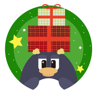 プレゼントとペンギン プレゼント,クリスマス,xmas,箱,プレゼントボックス,ペンギン,イワトビペンギン,生き物,動物,水族館のイラスト素材