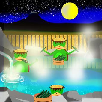 河童の露天風呂。 河童,露天風呂,きゅうり,星空,月のイラスト素材