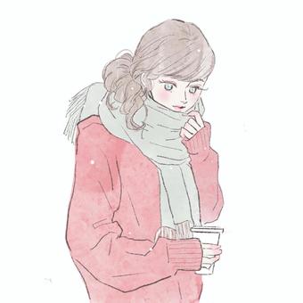 コーヒーを持つ女性(ピンク) 女性,女の子,きれい,可愛い,大人女子,大人可愛い,コーヒー,ニット,ロングセーター,ピンクのイラスト素材