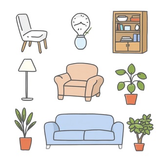 ソファと椅子と観葉植物のイラストセット