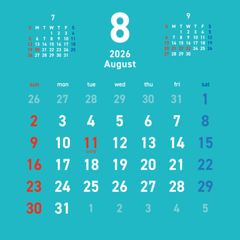 2026カレンダーC3 8月 264 カレンダー,2026年,8月,葉月,august,山の日,令和8年,日曜始まり,スケジュール,月のイラスト素材