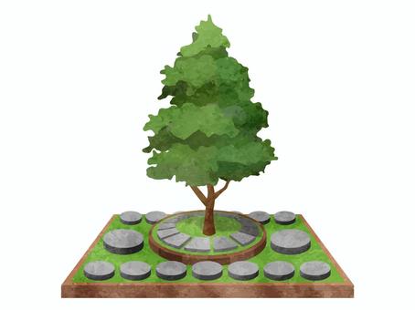 樹木葬ベクター素材01 樹木葬,墓,霊園,木,墓参り,墓石,先祖,供養,水彩,手描きのイラスト素材