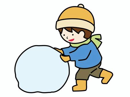 雪だるまを作ろうとする少年、線あり 雪だるま,雪,少年,子ども,男の子,小学生,雪玉,冬,帽子,マフラーのイラスト素材