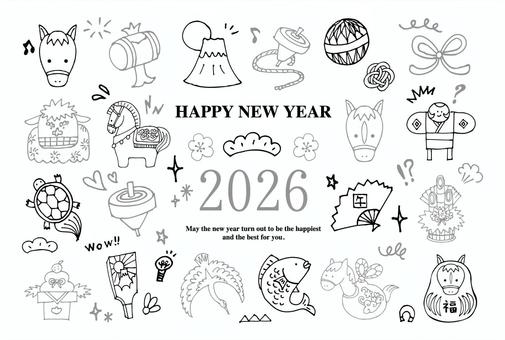 年賀状2026（010）モノクロ 年賀状,正月,2026年,令和8年,線画,手書き,フリーハンド,シンプル,イラスト,馬のイラスト素材