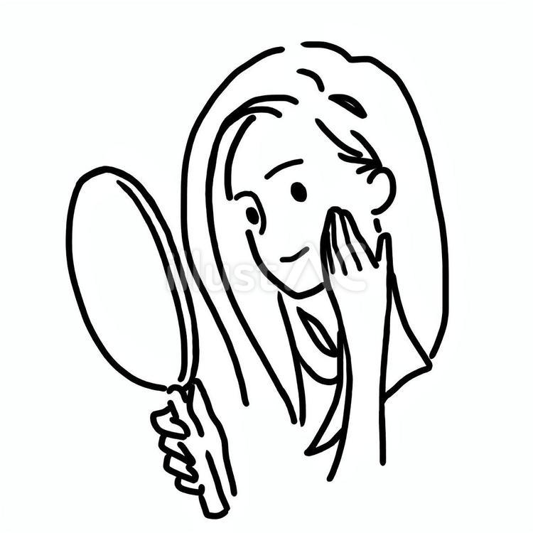 線画の鏡を見て喜ぶシンプル人 女性,鏡,美人のイラスト素材