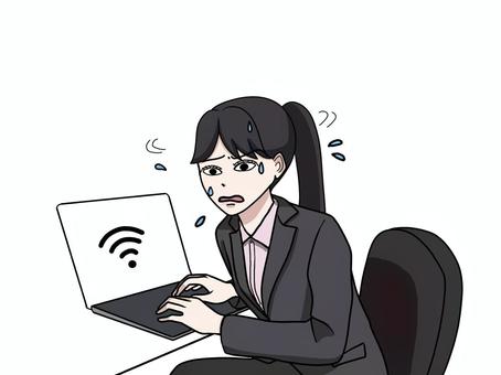 Wi-Fiが切れて焦るスーツ姿の女性 wiーfi,切れる,焦る,スーツ,女性,ビジネス,パソコン,pc,ノートパソコン,通信のイラスト素材