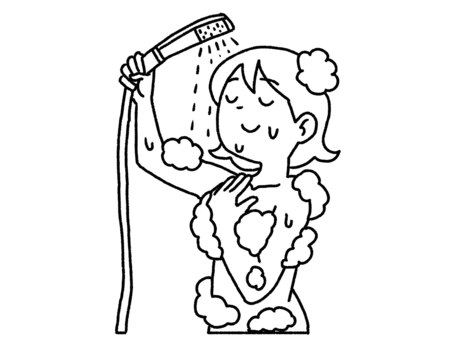【白黒】シャワータイム【線画】 シャワー,入浴,泡,女性,バスタイム,浴室,白黒,線画のイラスト素材