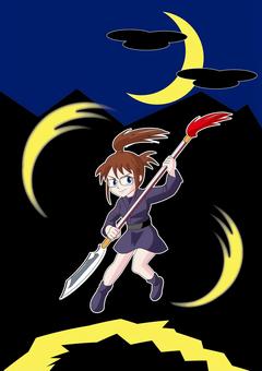 くノ一イラスト・月夜の戦闘01 くノ一,忍者,女忍者,漫画風,キャラクター,夜空,月,稲妻,戦闘シーン,アニメ風のイラスト素材