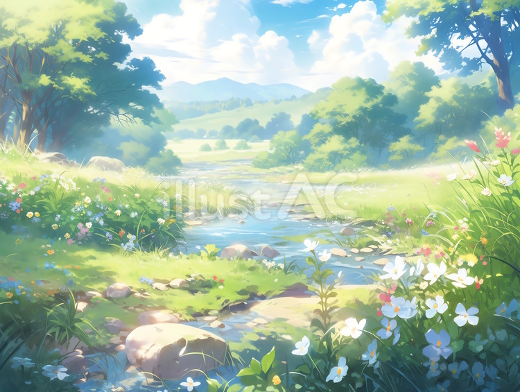 可憐な花が彩る草原と小川のせせらぎ_背景イラスト - No: 26359795｜無料イラスト・フリー素材なら「イラストAC」