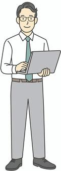 PCを持ったビジネスマン　全身 人物,会社員,男性,意見,仕事,ビジネスマン,ビジネス,提案,相談,サラリーマンのイラスト素材