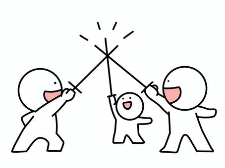 剣を交差させる意気軒高な3人の棒人間 剣を交差させる意気軒高な3人の棒人間 三銃士,棒人間,剣,意気軒高,仲間,友達,笑顔,嬉しい,楽しい,かわいいのイラスト素材