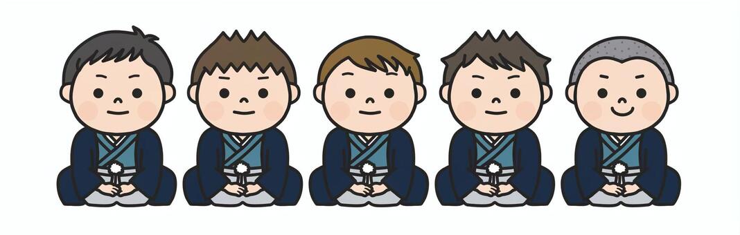 袴姿で正座して並ぶ５人の男の子 お正月,袴,正座,和服,着物,和装,挨拶,新年,新春,年始のイラスト素材