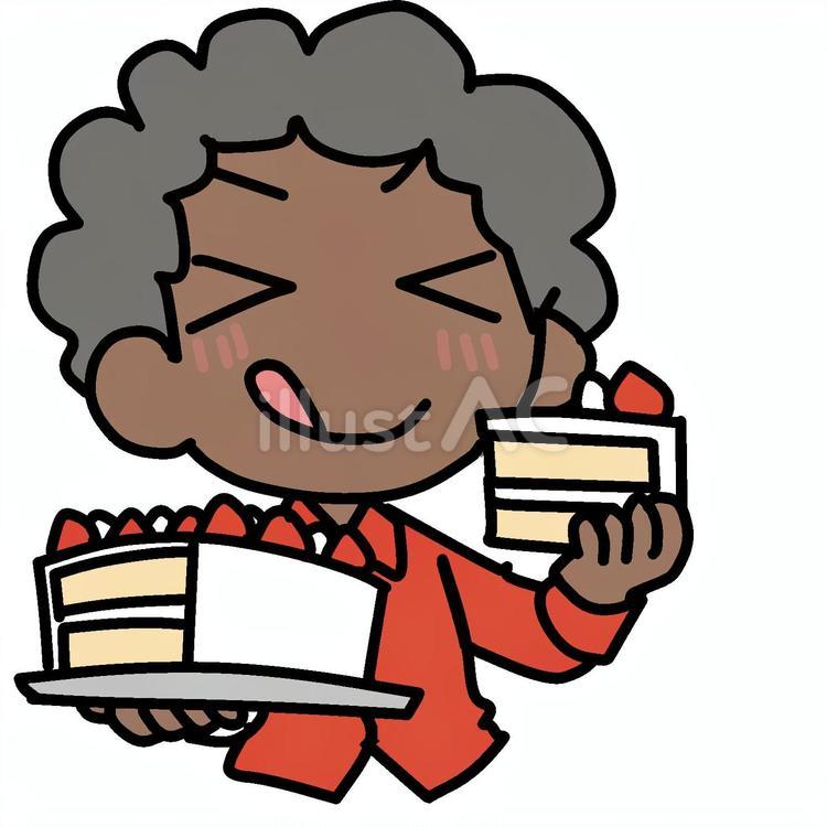 好物のケーキを爆食いするアフロ男性 アフロ,好物,爆食いのイラスト素材
