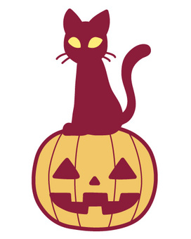 ハロウィン　かぼちゃと黒猫 ハロウィン,かぼちゃ,黒猫,ジャックオランタン,かぼちゃオバケ,不気味,かわいい,乗る,座る,シンプルのイラスト素材