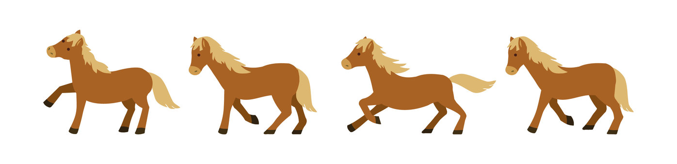 干支の午・4頭セット_年賀素材7 馬,動物,生物,競馬,たてがみ,サラブレッド,全身,ポーズ,横向き,茶色のイラスト素材
